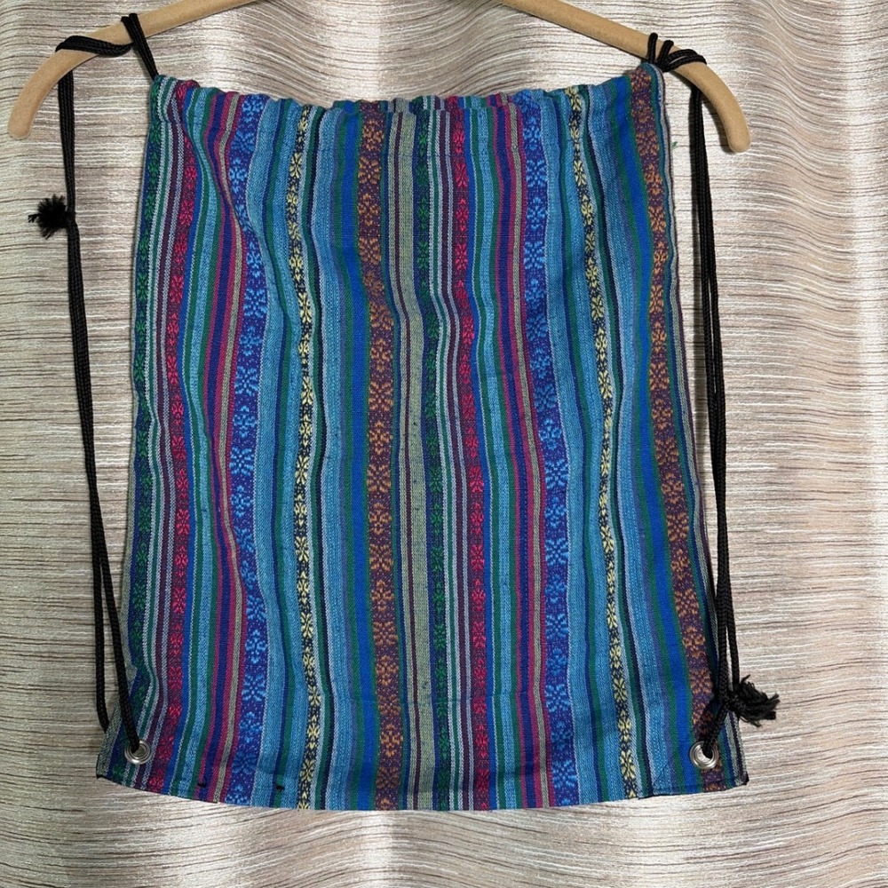 Boho Hippie Woven Striped Drawstring Backpack Blue Multi Color Baja Style Bag